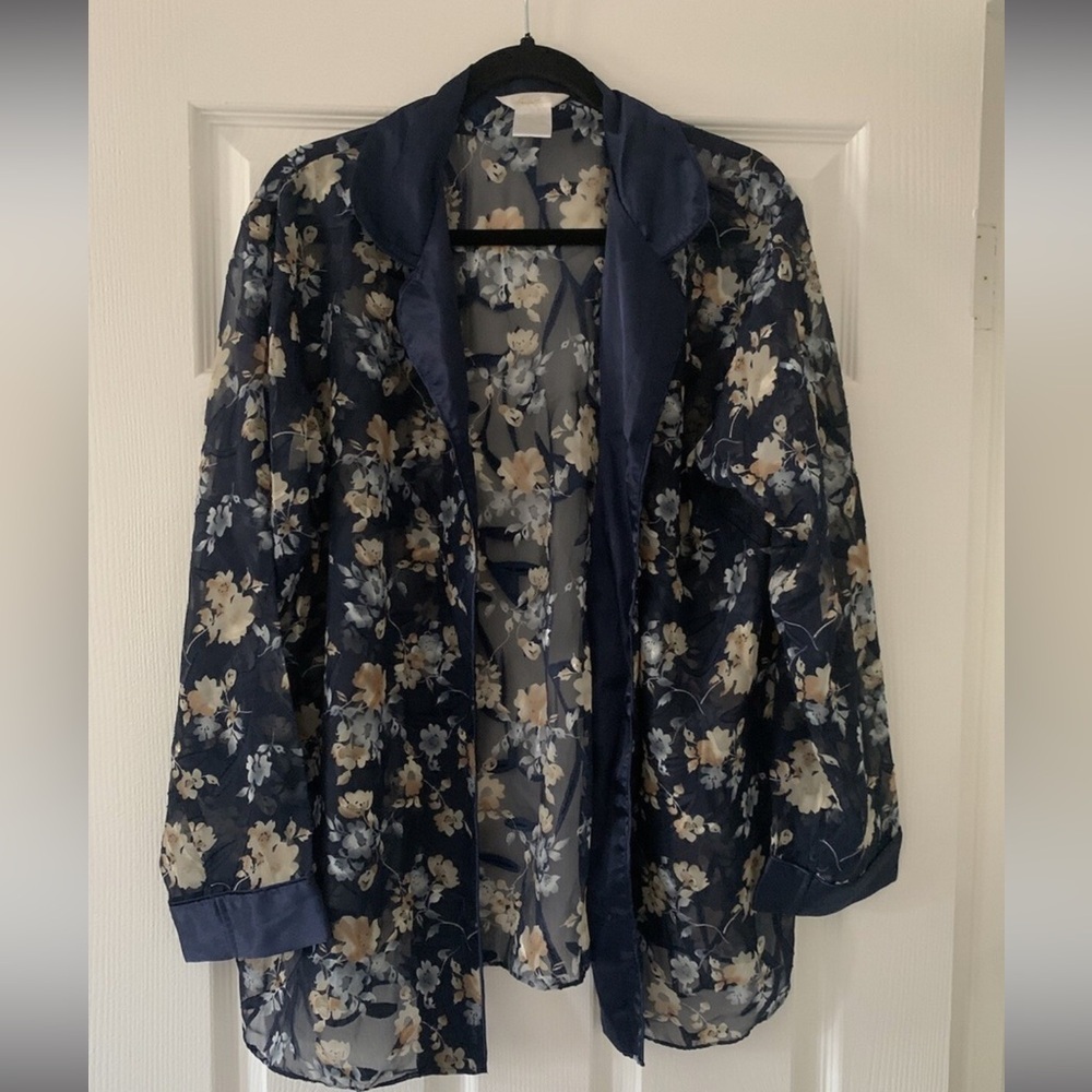 Secret Treasures Navy and Cream Floral Sheer top. Size “L”  only one piece.